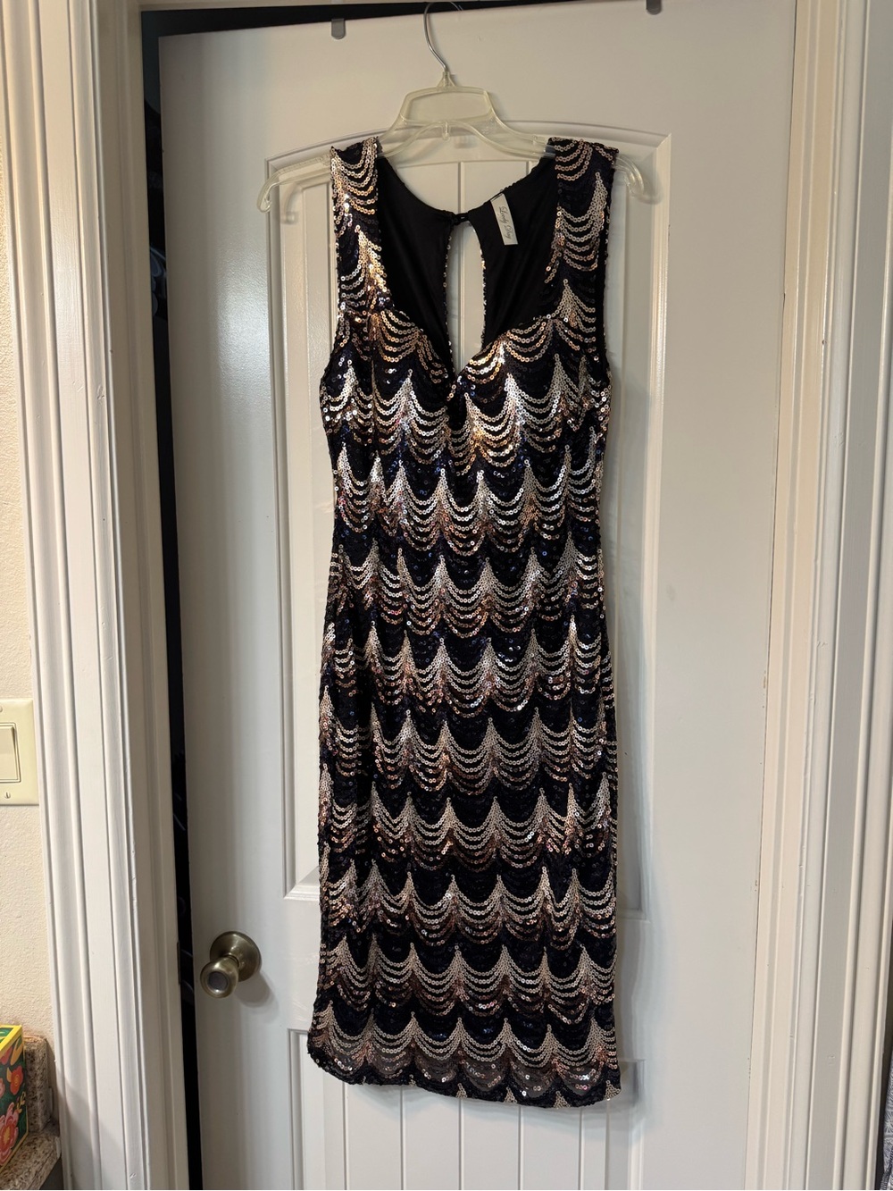 Lovely Day Sleeveless Sequin Midi Dress in Black and Gold